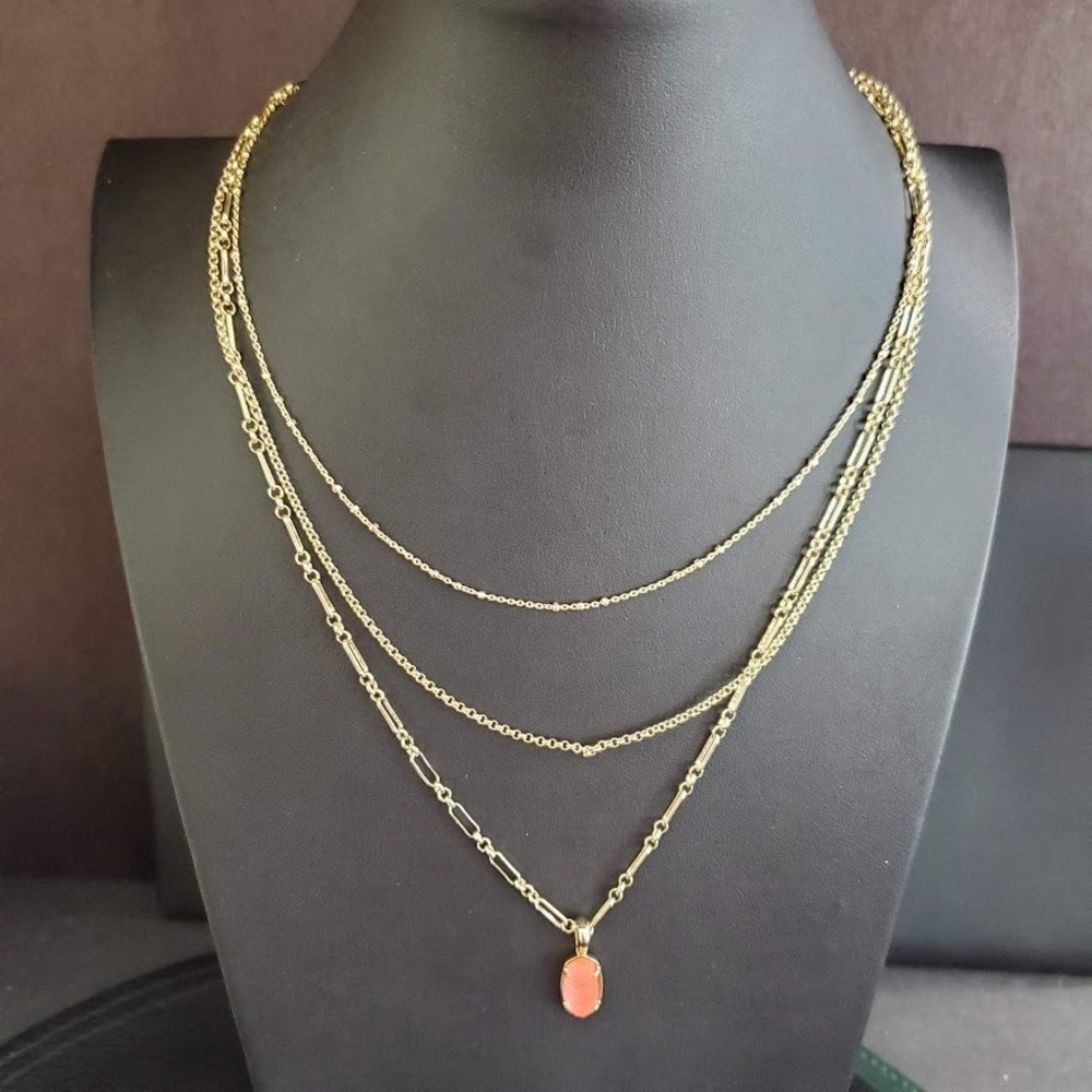 Kendra Scott Elisa Pendant Multi Strand Necklace Gold Tone Coral Pink Stone